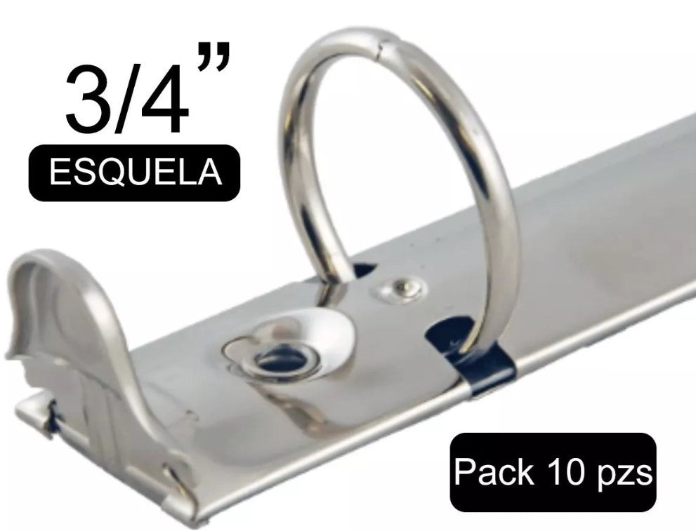 Paquete de 10 herrajes tamaño esquela de 216 mm con tres argollas circulares de 3/4 de pulgada de diámetro, con palancas, base de 20 mm, y acabado níquel. Paquete de 10 herrajes tamaño esquela de 216 mm con tres argollas circulares de 3/4 de pulgada de diámetro, con palancas, base de 20 mm, y acabado níquel.